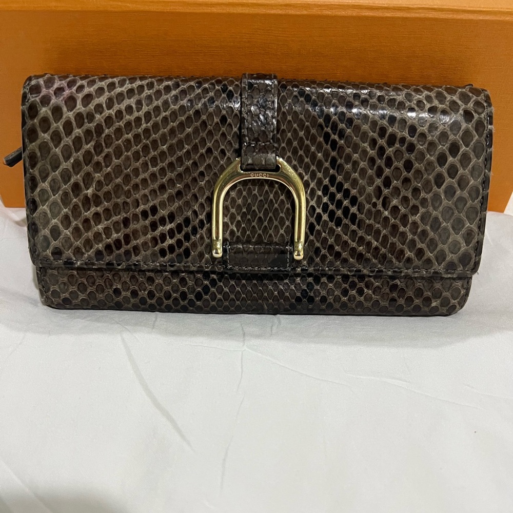 Gucci Brown Python Leather Clutch Wallet with Gold Hardware